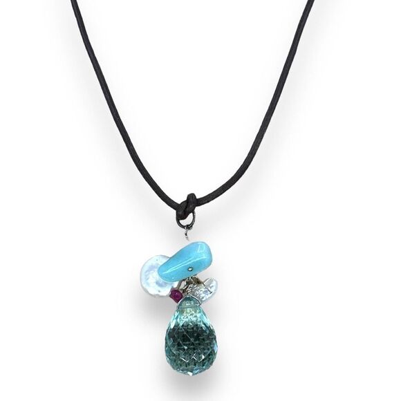 Bohemian Looks Necklace Glass & Pearl Beads Dangle Pendant Leather Cord - Picture 2 of 6